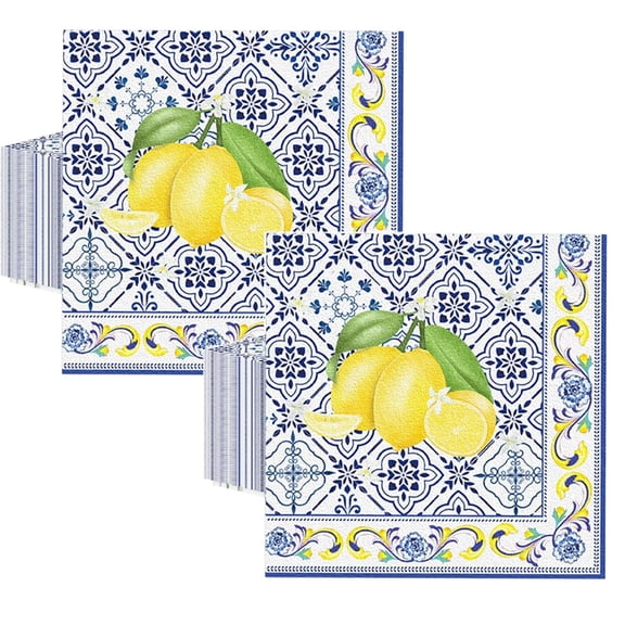 40Pcs Tiles Lemons Paper Napkins 6.5 X 6.5 Inches, Blue Yellow Fruit Theme Disposable Luncheon Dinner Party Napkins Cocktail Napkin For Wedding Bridal Shower Summer Party Decorations