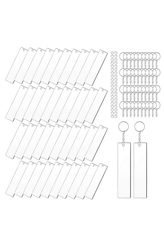 40Pcs Transparent Keyrings Acrylic Keychain DIY Clear Car for Key Decor Rectangle Blank Craft Pendant with Protective Fi