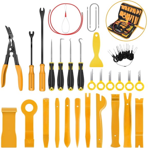 40Pcs Trim Removal Tool,Auto Terminal Removal Key Tool,Auto Clip Pliers Stereo Removal Tools,Car Upholstery Repair Removal Kit,Precision Hook and Pick Set,Wiring Threader,Car Film Scrape-Yellow
