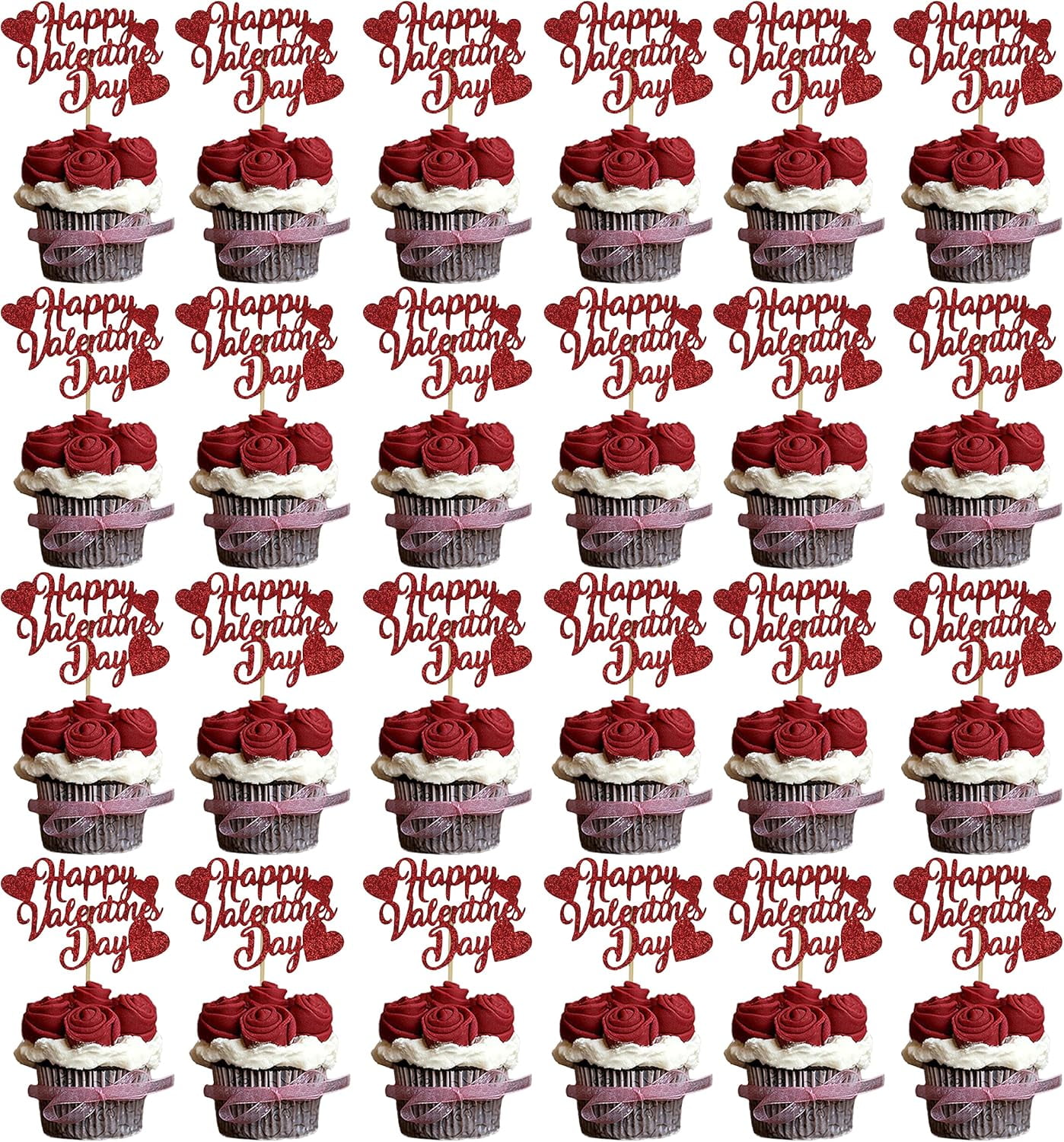 40Pcs Valentines Day Cupcake Toppers Decorations, Red Glitter Happy Valentines Day Cupcake Toppers for Valentine's Day Decoration Wedding Engagement Party Decoration