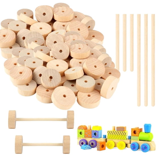 40Pcs Wood Craft Wheels with 40Pcs Wooden Sticks 2.8 cm and 3.5 cm Unfinished Wooden Wheel Wooden Crafts Wheels with 0.5 cm Holes for Small Cars Crafts DIY Painting Wood Projects BurlyWood