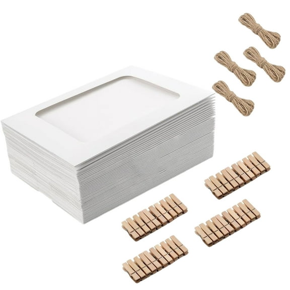 40Pieces White Paper Picture Frames Photo Display Garland Set With Wooden Clips String For Wall Art Installation