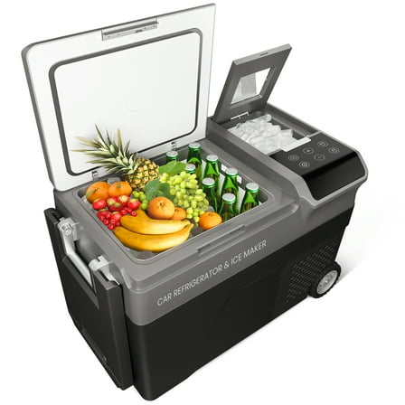 40QT Car Refrigerator with Ice Maker, 12 Volt Car Cooler with Wheels, Portable Refrigerator -4℉-68℉ with AC & DC Charger, Compressor Car Cooler Freezer, Dual Zone Portable Refrigerator