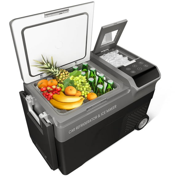 40QT Car Refrigerator with Ice Maker,12 Volt Car Cooler with Wheels,Portable Refrigerator -4℉-68℉ with AC & DC Charger,Electric Cooler,Car Freezer for Travel,Home,Camping,Outdoor