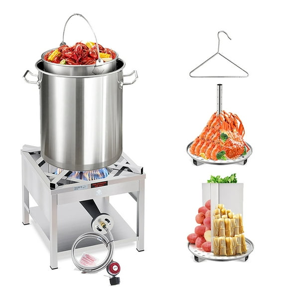 40QT Seafood Boiling Kit, 200,000BTU Propane Burner And Stainless Steel Crawfish Boil Pot w/Basket and Steamer Rack, For Outdoors Cooking and Steaming, Large Turkey Fryer, Lobster Shrimp Pot