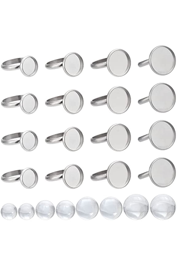 40Sets 80Pcs Cabochon Ring Blanks Glass Cabochons Ring Base Stainless Steel Rings Bezel Flat Round Tray Adjustable Finger Rings Findings