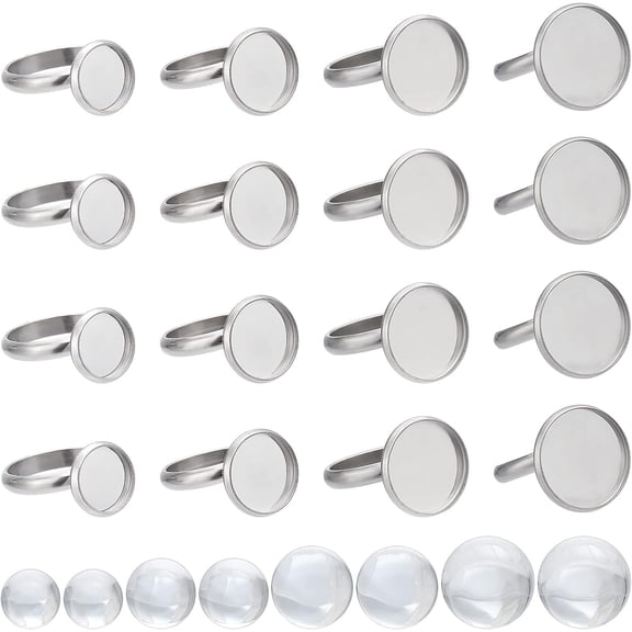 40Sets 80Pcs Cabochon Ring Blanks Glass Cabochons Ring Base Stainless Steel Rings Bezel Flat Round Tray Adjustable Finger Rings Findings for Women DIY Silver Color Ring Making Kits Supplies DIY