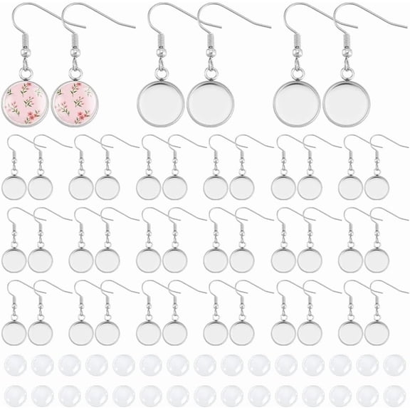 40Sets 80pcs Blank Dome Bezel Tray Dangle Earrings Tray 12mm Stainless Steel Flat Round Dangle Earring Making Kits with Transparent Glass Cabochon Settings Ear Hooks for DIY Jewelry Making Silver DIY