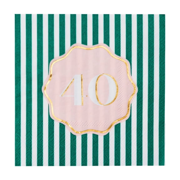Bonjour Fte 40 Green Striped Cocktail Paper Napkins, Disposable Party Supplies, 20 Count, Small, Beverage Size, 40th Birthday, Anniversary