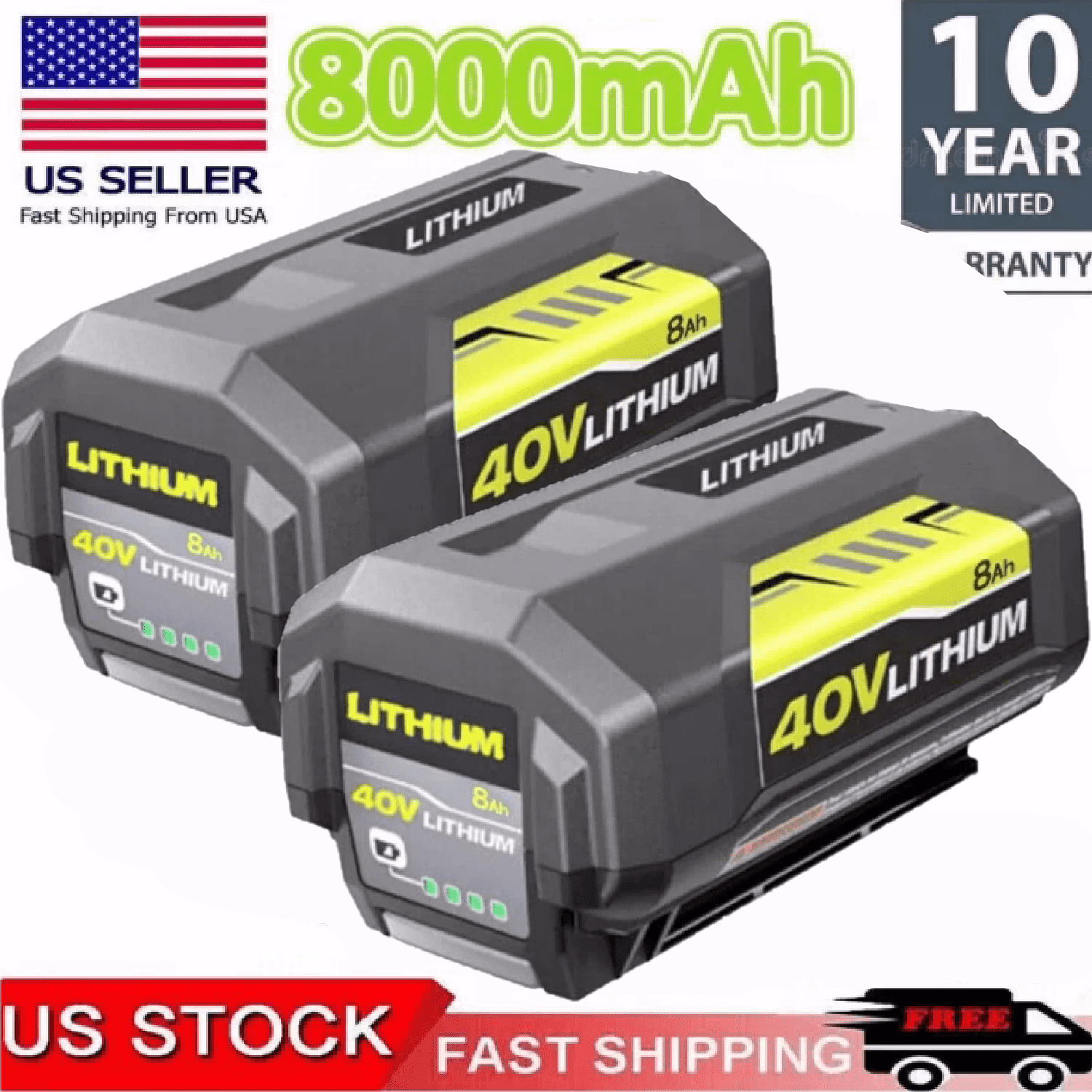 2Pack 8.0Ah OP4050 Replacement for Ryobi 40V Battery, Compatible with Ryobi 40 Volt Lithium Battery OP40201 OP4040 OP40404