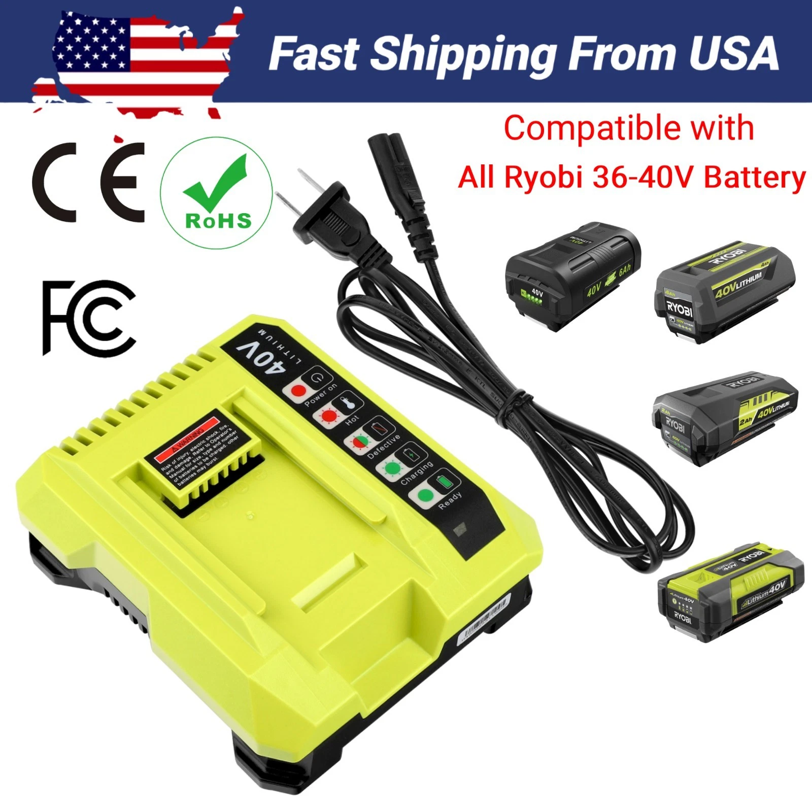 40V Fast Charger Compatible with Ryobi 40V Battery OP4040 OP4050 OP4060 OP4075 OP40261 OP40601 OP40602 OP40401 OP40301 OP40204 OP40201 OP4015 Compatible with Ryobi 40Volt Battery Charger OP401 OP406A