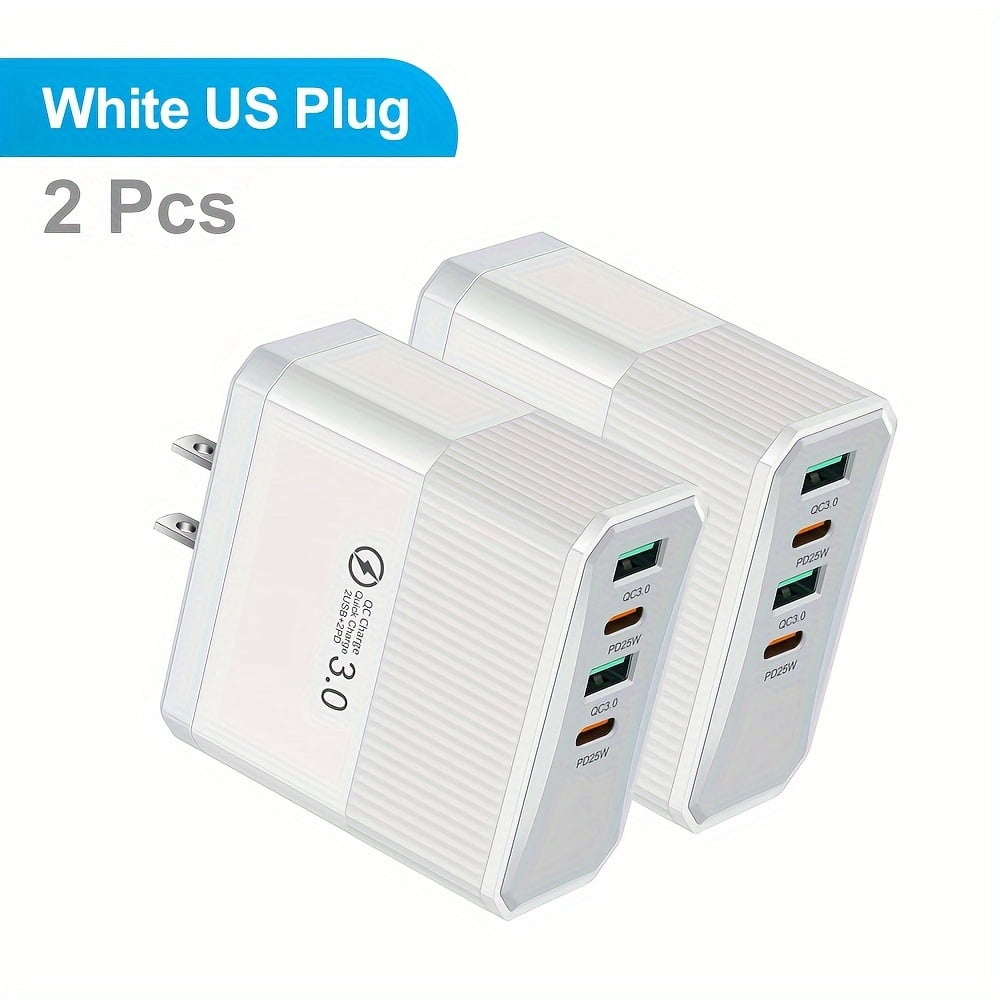 40W 2 QC3.0 + 2 PD Mobile Phone Fast Charging Adapter 2pcs, 4 Ports USB Type C Mobile Phone Charger, US Plug Portable Convenient Travel Charger Wall Charger