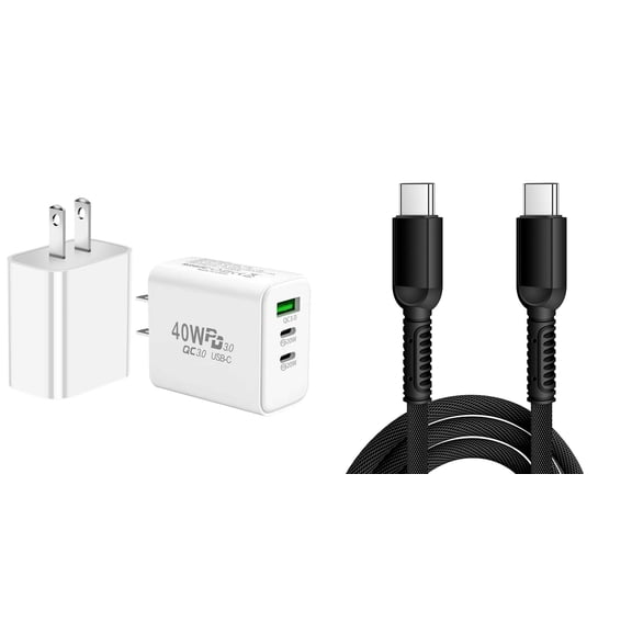 40W 3-Port USB Wall Charger for Iris Flip (Consumer Cellular) [Dual USB-C Power Delivery PD 3.0 / USB-A Quick Charge QC 3.0] Fast Charging Power Adapter with 30W USB-C to USB-C Cable - White