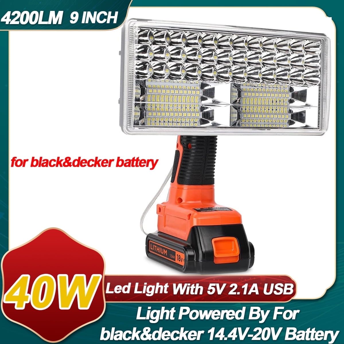 40W 4200LM Black/+Decker Light, Powered by 20V Max Lithium-ion Battery, DTEZTECH Cordless Flashlight Tool with USB Port, 9" Zinc Alloy 110°Pivoting Head, Indoor Outdoor Camping Spotlight(Tool Only)