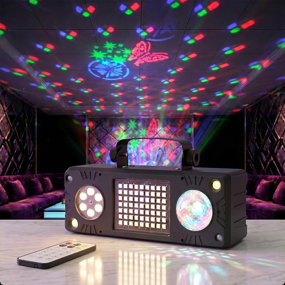40W 5-in-1 LED Stage Party Light, Plastic Shell, Remote Control, Voice & Auto Mode, Disco Ball Strobe Laser Light for Wedding, Birthday, Halloween, Club Indoor Outdoor Decoration