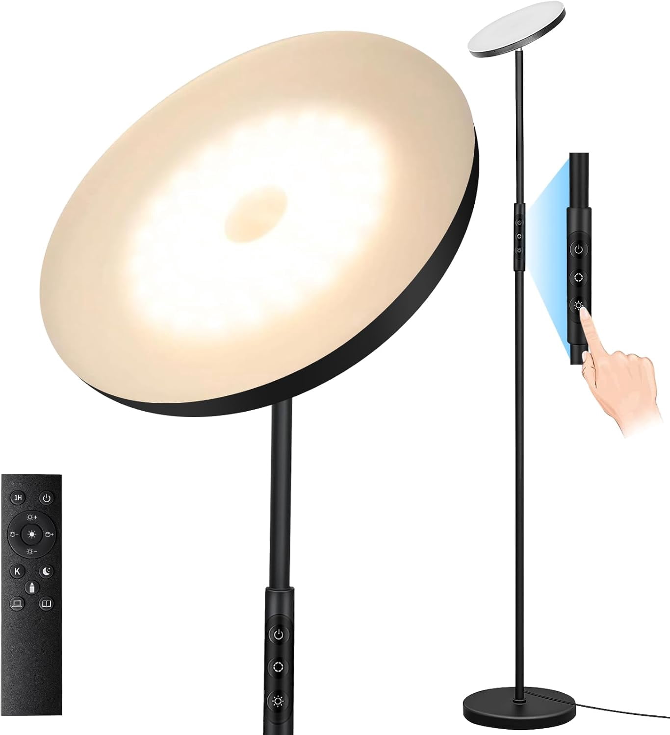 40W Black Torchiere LED Floor Lamp with Stepless Dimmable Color Temperature 2700K-6500K Remote and Touch Control Bestseling