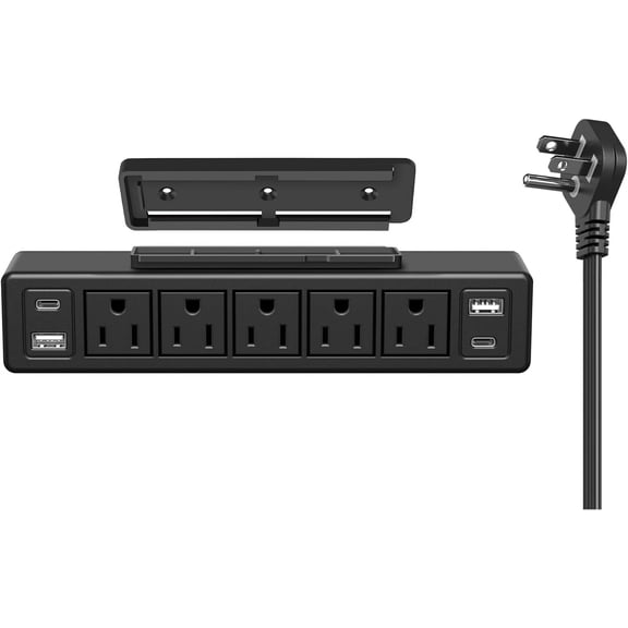 40W Under Desk Power Strip Mountable,20W USB-C Fast Charging Flat Plug Power Strip Sur Protector 1200J,9 in 1 Desk Outlet,5 Outlets,2 USB-C,2 USB-A,6FT Extension Cord Black