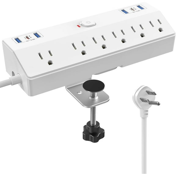 40W Fast Charging Station, Desk Clamp Power Strip 10FT Extension Cord, General Removable Desk Mount Flat Plug Power Strip Surge Protector, 2 USB-C Ports, 6 Outlets, Fits 1.8" Tabletop Edge