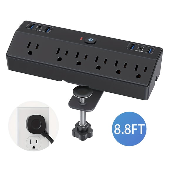 40W Fast Charging Station, Desk Clamp Power Strip With 2 PD USB-C Ports, 6 AC Outlets And 8.8Ft Cord, Fits 2.48" Tabletop Edge