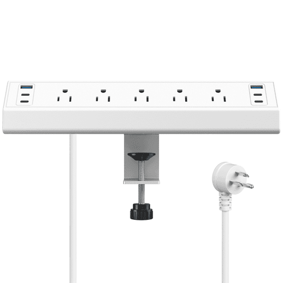 VILONG Desk Clamp Surge Protector Power Strip, 5 Outlets 6 USB Ports Total 40W Fast Charging Fits 1.6" Tabletop Edge,6ft