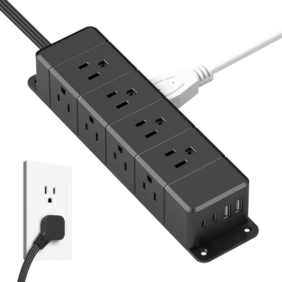 40W Fast Charging Under Desk Power Strip with Switch,12 Outlet Mountable Power Strip with 4 USB,1200J Surge Protection,6FT Flat Extension Cord Black