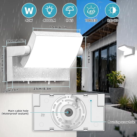 40W LED Flood Lights Outdoor LED Sconce Waterproof 350Rotation White Exterior Lighting Fixture 6000K for Barn Yard Garage Building Area Backyard