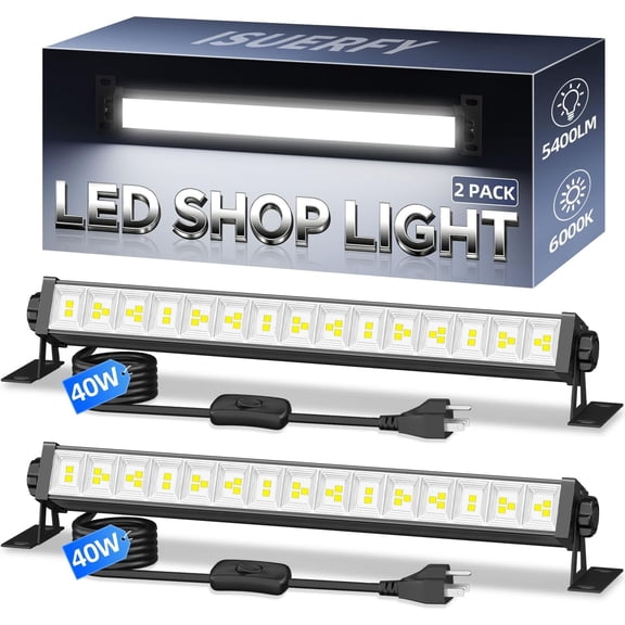 40W LED Shop Light 5400LM Brighter, Plug in Garage Light with On/Off Switch & 6.6FT Cord, 6000K Daylight White Workshop Bay Lighting for Garage Workbench Warehouse Factory Basement, 2 Pack