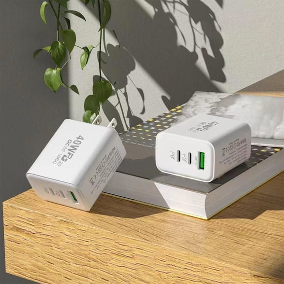 40W Multi‑Port Fast Charging Wall Adapter With Dual USB‑C + USB, PD QC Support, US Plug, Compact Travel Charger For Smartphones Tablets Laptops, Safety Overload Surge Protection, Lightweight