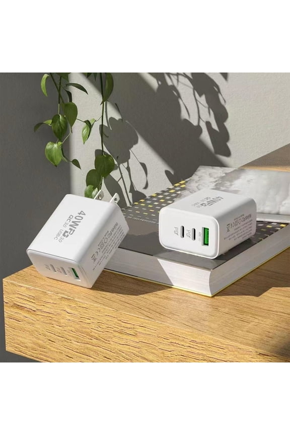 40W Multi‑Port Fast Charging Wall Adapter With Dual USB‑C + USB, PD QC Support, US Plug, Compact Travel Charger For Smartphones Tablets Laptops, Safety Overload Surge Protection, Lightweight