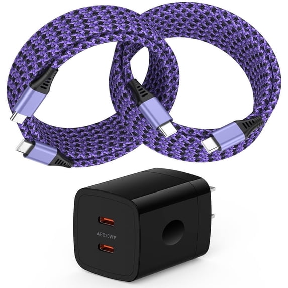 40W PD Dual Port Type C Charger Block Fast Wall Charger with 2-Pack 6FT USB C Cable, Power Adapter Compatible with iPhone 17/16/15 Pro Max iPad Pro Galaxy S26 Android, Purple