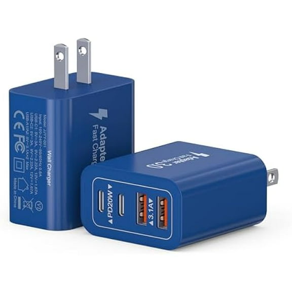 40W USB C Charger Block, 2-Pack 4-Port Type C Fast Charging Brick Dual PD&QC Wall Plug Adapter Power Brick for iPhone 16/Pro/Pro Max/PLUS/15/14/13/12/iPad/Airpods/iwatch/Samsung Galaxy (Blue)