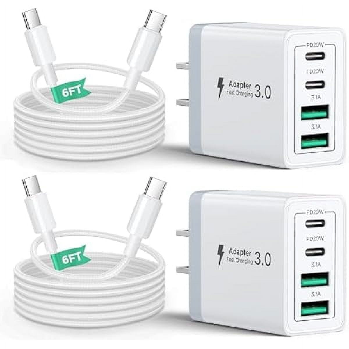 40W USB C Charger Block, 2Pack 4-Ports Type C Fast Phone Charging Cube with 6FT USBC to USBC Cord, Multiport Wall Plug Power Brick Box Compatible with iPhone, Samsung, iPad Pro, Cellphones Charger