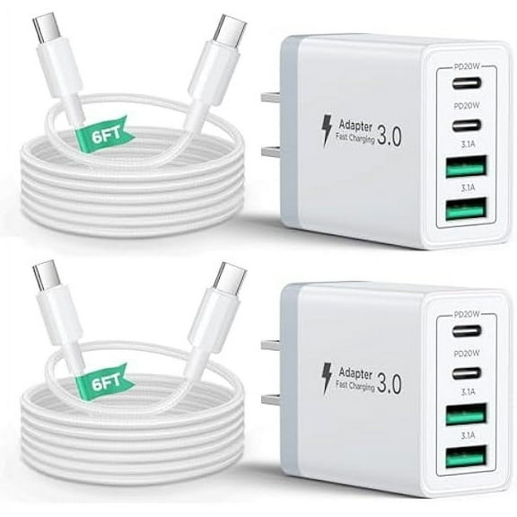 40W USB C Charger Block, 2Pack 4-Ports Type C Fast Phone Charging Cube with 6FT USBC to USBC Cord, Multiport Wall Plug Power Brick Box Compatible with iPhone, Samsung, iPad Pro, Cellphones Charger