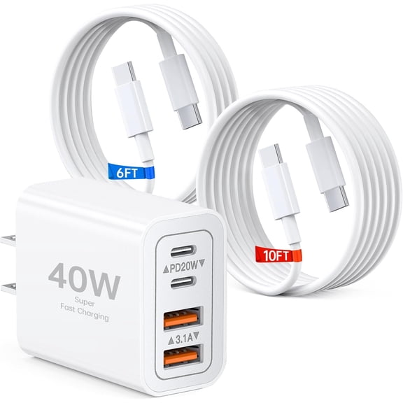 40W USB C Charger Block, 4-Port PD+QC Multiport Wall Charger Cube with 6FT & 10FT USB C , Type C Power Adapter for 17/16/15/14/13 Pro Max, S26/S25/S24 Ultra,Tablets