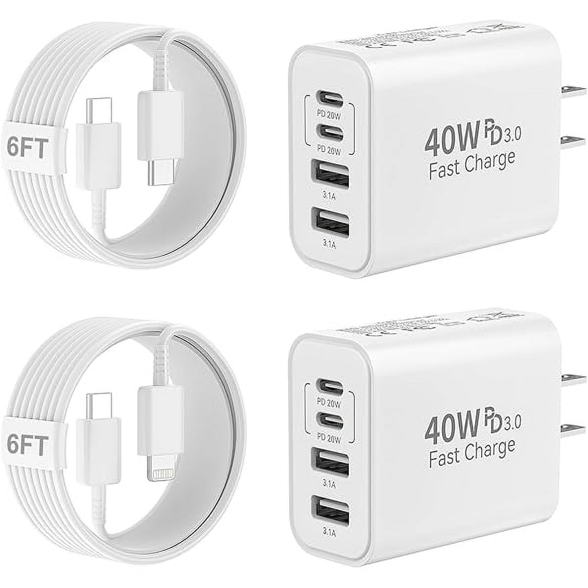 40W USB C Charger Block, 4-Port Type C Fast Charging Block Dual PD&QC Wall Plug Power Adapter with USB C to C Charging Cables for iPhone 15/15 Pro/ 15 Pro Max/14/13/12, Samsung Galaxy S24 Series