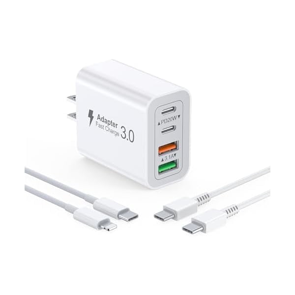 40W USB C Charger Block, 4-Port USB C Travel Charger Dual Port PD Power Adapter + QC Wall Plug Type C Cube for iPhone16/15/14/13/12/11/Pro Max/XS/XR/8, iPad,Samsung,Tablet with 2Pack 6.6ft Cable