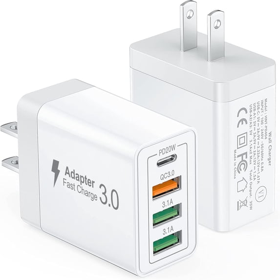40W USB C Wall Charger Block, 2-Pack 4Port PD+QC Fast Power Adapter, Type C Charging Brick Cube Plug for iPhone 12/13/14/15/Pro Max, XS/XR/X, iPad/AirPods Pro, Samsung, Google, Tablet, Android(White)