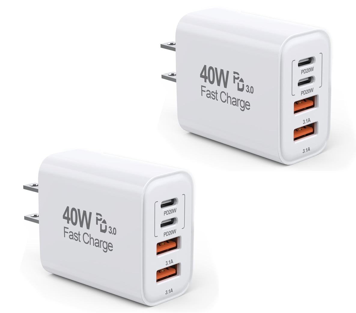 2 Pack USB C Wall Fast Charger Block,40W 4-Port Type C Charger Fast Charging PD Power Adapter + QC 3.0 USB Multiport Charger Brick for iPhone 17/16/15/14/13/12/11 Pro Max,Samsung Galaxy,iPad,AirPods