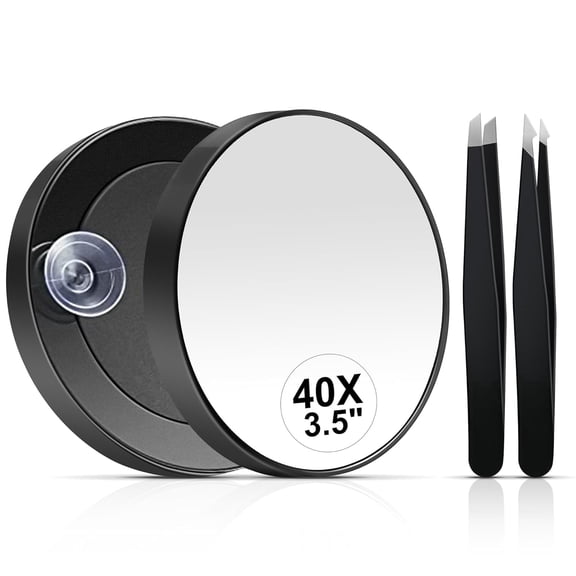 40X Magnifying Makeup Mirror with Suction Cups & Tweezers, 3.5 Inch Portable Black Magnified Mirror for Precision Eyebrow Tweezing, Skincare and Makeup