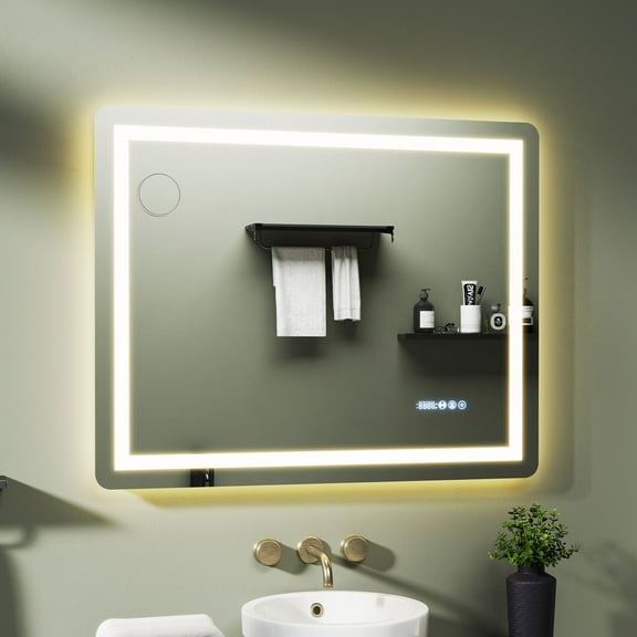 40X32" Smart LED Bathroom Mirror with Infrared Sensing & 10x Suction Glass, Rectangle Toilet Mirror with Adjustable Brightness, Anti-Fog, & Waterproff, White