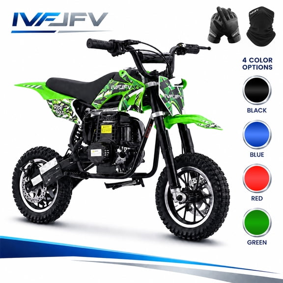 39cc 4-Stroke Gas Dirt Bike ,Mini bike 18mph Max Speed for beginners, Front and Rear Disc Brakes, Rear Suspension, Lightweight 48 Lbs & 17 Inch Seat Height Recommended Height 3'8"-4'5",Green