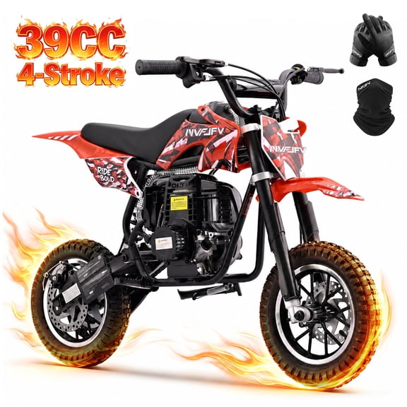 39cc 4-Stroke Gas Dirt Bike ,Mini bike 18mph Max Speed for beginners, Front and Rear Disc Brakes, Rear Suspension, Lightweight 48 Lbs & 17 Inch Seat Height Recommended Height 3'8"-4'5",Red