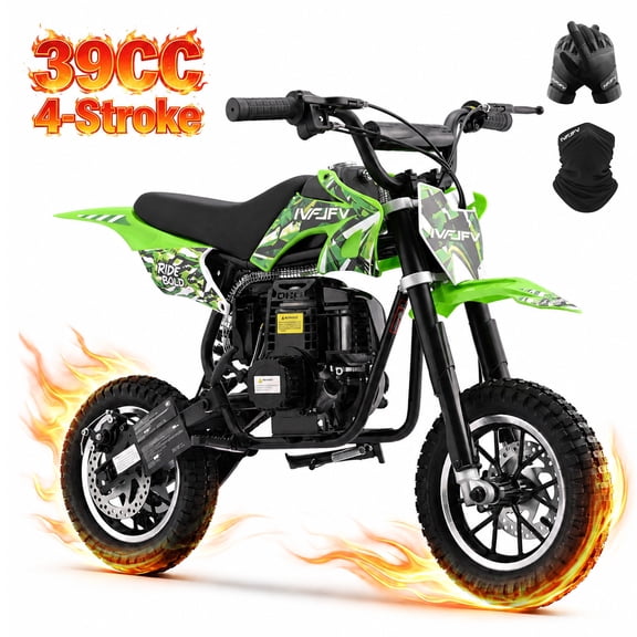 39cc 4-Stroke Gas Dirt Bike ,Mini bike 18mph Max Speed for beginners, Front and Rear Disc Brakes, Rear Suspension, Lightweight 48 Lbs & 17 Inch Seat Height Recommended Height 3'8"-4'5",Green