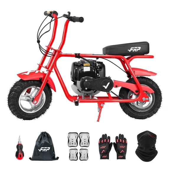 40cc 4-Stroke Kids Mini Bike, Gas Mini Bike with Pull Start, Rear Disc Brake, 10″ Knobby Tires, Up to 18 MPH, 165 lb Capacity, for Ages 13+ with Gloves & Neck Gaiter & Protectors – Red