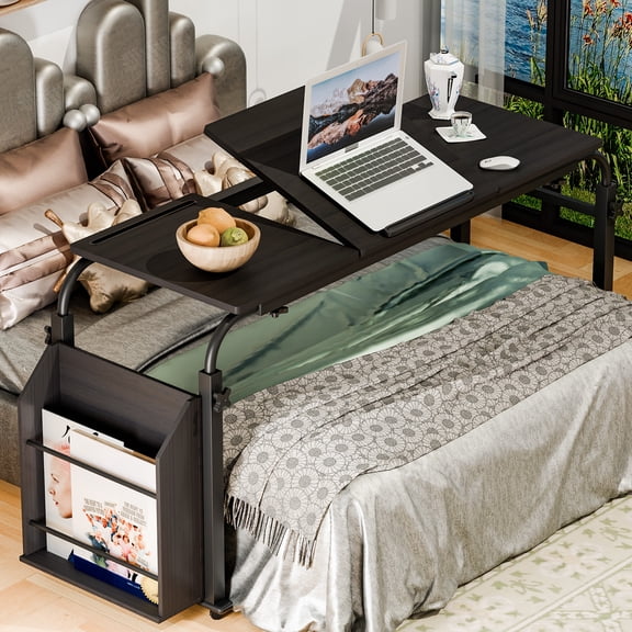40cm Adjustable Overbed Table - Tilt Desktop with 360° Wheels & Side Shelf, Height/Length Customizable