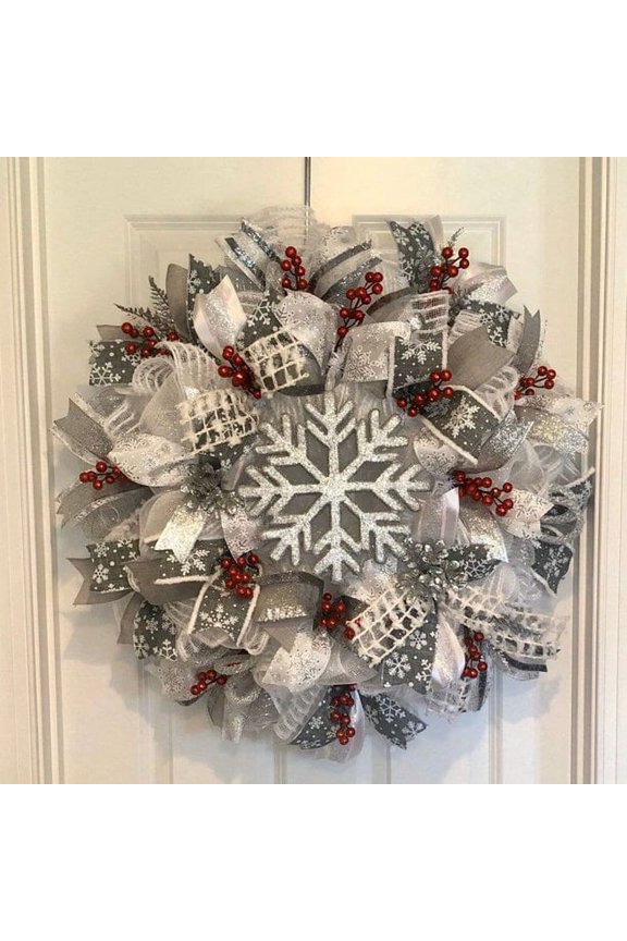 40cm Christmas Snowflake Creative Ribbon Wreath Wreath, Winter Wreath, Snowflake Wreath, Winter Decorations, Mesh Winter Wreath,for Front Door Outside Porch Wall Home Decor,DCL6