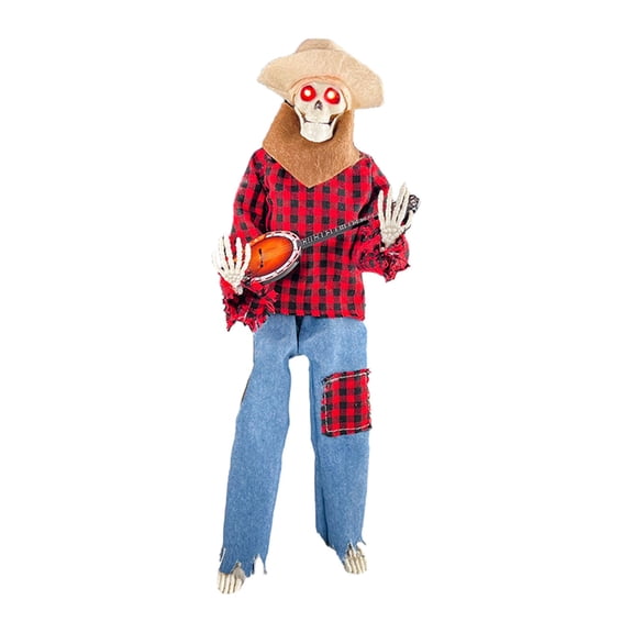 40cm Cowboy Skeleton with Banjo Halloween Decor, Light Up Movable Joint Skeleton Figurine for Indoor Halloween Party Display