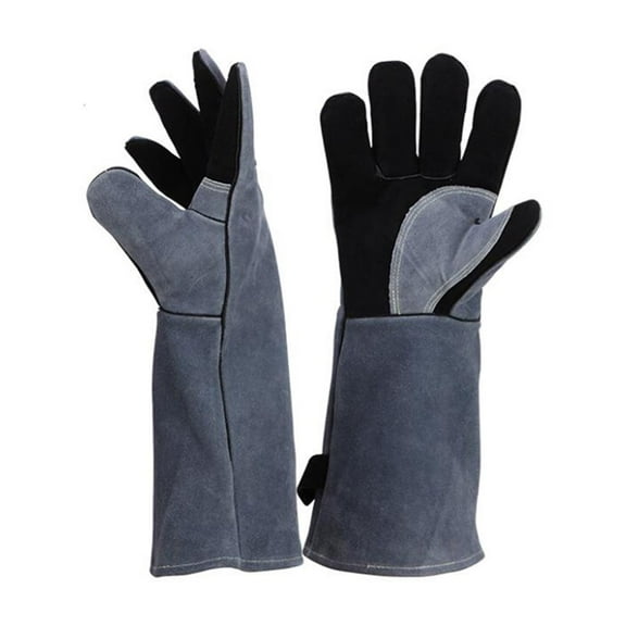 40cm Heat/Fire Resistant Gloves Leather Handling Gloves, Garden Work Golves for Welding/Oven/Grill/BBQ, Black Gray ,Widely Use