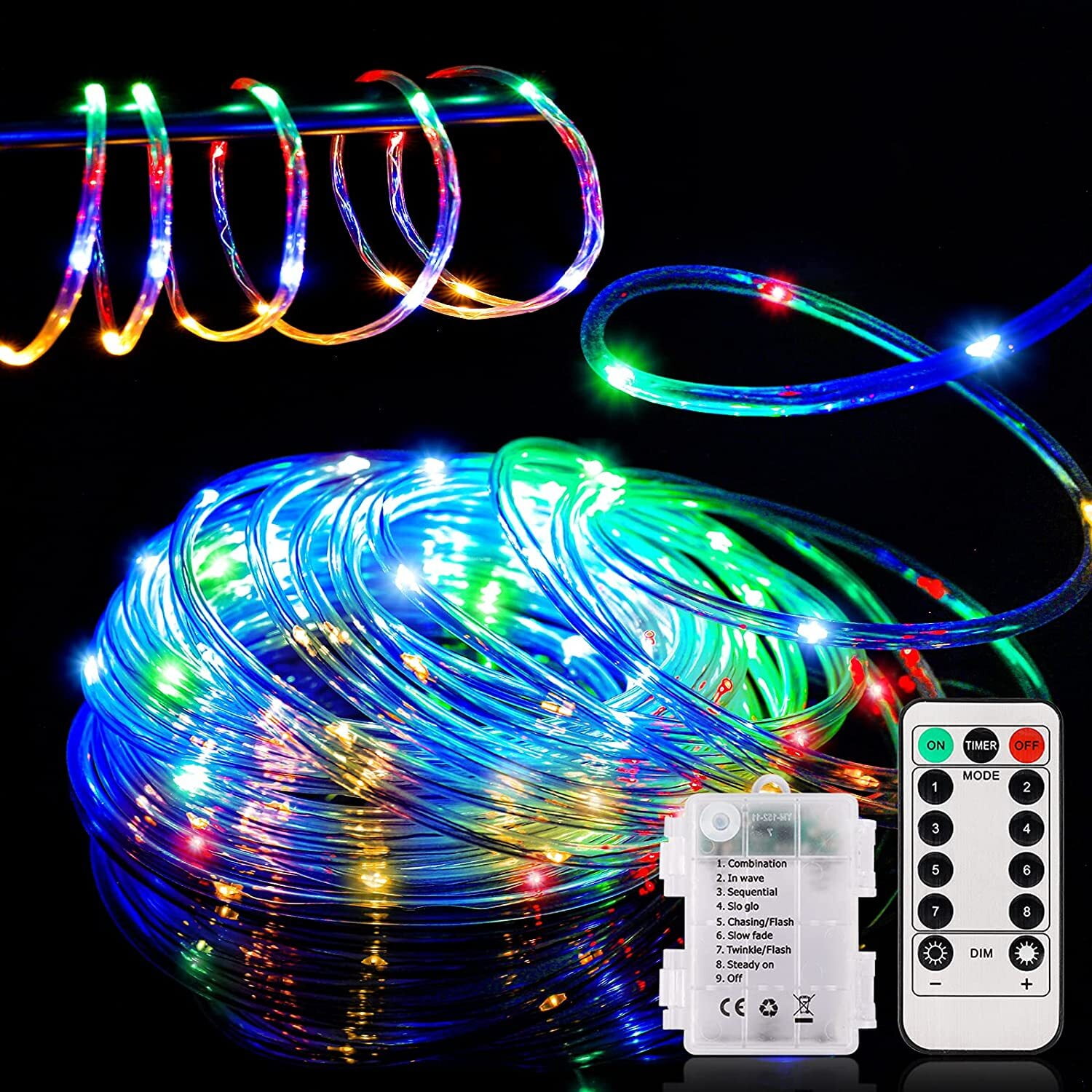 40ft 100 LED Rope Lights with Remote Control, Rope Lights Battery