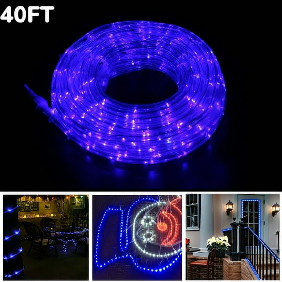40ft Blue LED Rope Lights - Waterproof Cuttable for Outdoor Indoor, Remote Control, Adjustable Brightness & Glitter, Holiday & Landscape Lighting